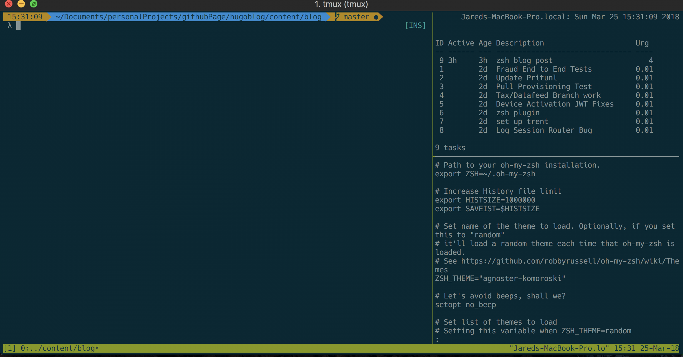 Tmux and Zsh running on iTerm2
